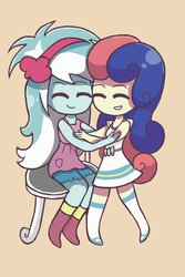 Size: 730x1095 | Tagged: safe, artist:darkberryart, bon bon, lyra heartstrings, sweetie drops, equestria girls, g4, slice of life (episode), chair, chibi, female, hug, lesbian, ship:lyrabon, shipping, simple background