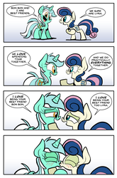 Size: 1318x2000 | Tagged: safe, artist:joeywaggoner, bon bon, lyra heartstrings, sweetie drops, earth pony, pony, unicorn, g4, slice of life (episode), bedroom eyes, best friends, blushing, comic, eyes closed, female, friends with benefits, kissing, lesbian, looking at each other, mare, open mouth, ship:lyrabon, shipping