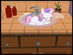 Size: 1041x788 | Tagged: safe, artist:jittery-the-dragon, sweetie belle, pony, unicorn, g4, behaving like a cat, cute, female, pointless pony tips, sink, sleeping, solo