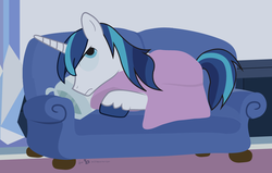 Size: 1256x800 | Tagged: safe, artist:dm29, shining armor, g4, blanket, couch, irritated, male, solo