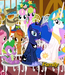 Size: 711x812 | Tagged: safe, edit, edited screencap, screencap, button mash, carrot cake, colter sobchak, daisy, dizzy twister, flower wishes, orange swirl, princess celestia, princess luna, ruby pinch, spike, twinkleshine, dragon, g4, slice of life (episode), colt, concave belly, discovery family logo, female, filly, foal, height difference, horn, jewelry, long horn, male, mare, ponies standing next to each other, regalia, ship:spiluna, shipping, slender, straight, thin