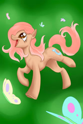 Size: 1728x2592 | Tagged: safe, artist:tzelly-el, oc, oc only, oc:sweet potato, butterfly, earth pony, pony, female, mare, offspring, parent:big macintosh, parent:fluttershy, parents:fluttermac, solo