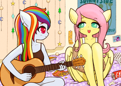 Size: 2149x1518 | Tagged: safe, artist:sigpi, fluttershy, rainbow dash, anthro, g4, clothes, guitar, sweater, sweatershy, tank top