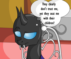 Size: 2504x2072 | Tagged: safe, artist:pageturner8, kevin, changeling, g4, slice of life (episode), high res, insane troll logic, ishygddt, lampshade hanging, logic, solo, thought bubble