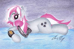 Size: 1024x682 | Tagged: safe, artist:thechrispony, oc, oc only, oc:hired gun, cyborg, pony, fallout equestria, fallout equestria: heroes, bed, blushing, grumpy, looking at you, prone, solo, traditional art, unamused