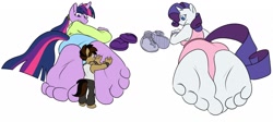 Size: 1280x572 | Tagged: safe, artist:silverscarf, rarity, twilight sparkle, oc, anthro, plantigrade anthro, g4, barefoot, feet, foot fetish, foot focus, giant anthro, looking back, macro, massage, micro, sandals