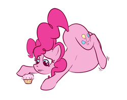 Size: 800x627 | Tagged: safe, artist:lowkey, pinkie pie, earth pony, pony, g4, belly, belly bed, belly on floor, big belly, cupcake, face down ass up, female, implied stuffing, impossibly large belly, simple background, solo, stuffed, stuffed belly, white background