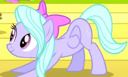 Size: 491x297 | Tagged: safe, screencap, flitter, pegasus, pony, g4, hurricane fluttershy, animated, backbend, female, glutes, mare, meme, out of context, solo, stretching
