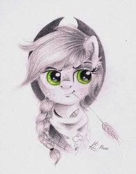 Size: 1024x1305 | Tagged: safe, artist:lailyren, applejack, g4, female, portrait, solo, straw, traditional art