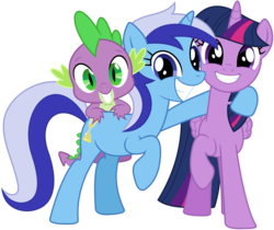 Size: 3329x2796 | Tagged: safe, artist:bluemeganium, minuette, spike, twilight sparkle, alicorn, dragon, pony, unicorn, amending fences, g4, cute, dragons riding ponies, female, high res, horn, hug, mare, minubetes, riding, riding a pony, simple background, smiling, spikabetes, transparent background, twiabetes, twilight sparkle (alicorn), vector
