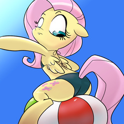 Size: 1600x1600 | Tagged: safe, artist:lamar_bone, derpibooru exclusive, fluttershy, pegasus, pony, g4, beach ball, bikini, bipedal, bra, bra on pony, butt, clothes, female, fetish, floppy ears, gradient background, implied tail hole, inflatable, inflatable fetish, looking back, looking down, mare, midriff, plot, raised hoof, raised tail, sitting, solo, swimsuit, tail