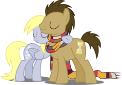 Size: 4736x3306 | Tagged: safe, artist:drakizora, derpy hooves, doctor whooves, time turner, pony, g4, slice of life (episode), .svg available, clothes, eyes closed, female, fourth doctor's scarf, high res, hug, male, mare, scarf, simple background, stallion, striped scarf, transparent background, vector