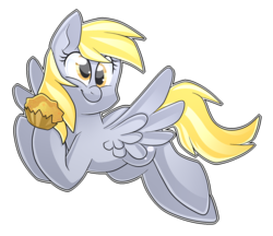 Size: 1409x1217 | Tagged: safe, artist:regkitty, derpy hooves, pegasus, pony, g4, slice of life (episode), female, flying, muffin, simple background, smiling, solo, transparent background