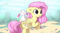 Size: 4020x2271 | Tagged: safe, artist:sverre93, angel bunny, fluttershy, pegasus, pony, rabbit, g4, angel riding fluttershy, animal, cute, rabbits riding ponies, riding, shyabetes, sverre is trying to murder us