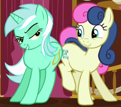 Size: 444x393 | Tagged: safe, screencap, bon bon, lyra heartstrings, sweetie drops, earth pony, pony, unicorn, g4, season 5, slice of life (episode), adorabon, best friends, butt bump, butt to butt, butt touch, cute, duo, duo female, female, grin, just friends, lidded eyes, looking at each other, looking at someone, mare, smiling, smiling at each other