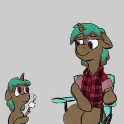 Size: 768x768 | Tagged: safe, artist:thebathwaterhero, oc, oc only, oc:spearmint, pony, 11-54, broken horn, camping, duo, horn