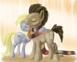 Size: 874x708 | Tagged: safe, artist:winternachts, derpy hooves, doctor whooves, time turner, earth pony, pony, g4, slice of life (episode), clothes, female, fourth doctor's scarf, hug, male, mare, scarf, ship:doctorderpy, shipping, stallion, straight, striped scarf