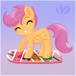 Size: 800x800 | Tagged: safe, artist:raininess, scootaloo, pegasus, pony, g4, back to the future, back to the future part 2, cute, cutealoo, eyes closed, female, filly, hoverboard, solo