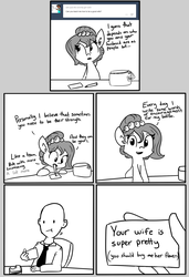 Size: 1546x2264 | Tagged: safe, artist:tjpones, oc, oc only, oc:brownie bun, oc:richard, human, horse wife, :t, comic, monochrome, mouth hold, sandwich, smiling, tumblr