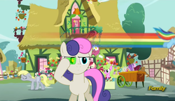 Size: 1214x703 | Tagged: safe, artist:jinroh, edit, edited screencap, screencap, bon bon, daisy, derpy hooves, flower wishes, lily, lily valley, rainbow dash, roseluck, sweetie drops, bugbear, pegasus, pony, g4, slice of life (episode), animation error, dragon ball, dragon ball z, female, mare, ponyville, scouter, secret agent sweetie drops