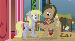 Size: 1282x706 | Tagged: safe, screencap, derpy hooves, doctor whooves, time turner, pony, g4, slice of life (episode), clothes, fourth doctor's scarf, licorice, male, meme, scarf, stallion, striped scarf, youtube caption