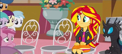 Size: 1278x572 | Tagged: safe, edit, edited screencap, screencap, aura (g4), boysenberry, cotton cloudy, first base, kevin, ruby pinch, sunset shimmer, changeling, equestria girls, g4, slice of life (episode), chair, sitting