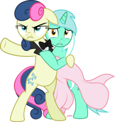 Size: 4000x4241 | Tagged: safe, artist:xebck, bon bon, lyra heartstrings, sweetie drops, earth pony, pony, g4, slice of life (episode), a view to a kill, belly, bipedal, bon bond, clothes, dress, ears back, female, frown, glare, gritted teeth, hug, lesbian, looking at you, pointing, scared, secret agent sweetie drops, ship:lyrabon, shipping, simple background, transparent background, vector, wide eyes