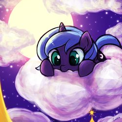 Size: 750x750 | Tagged: safe, artist:lumineko, princess luna, pony, g4, cloud, cloudy, cute, female, filly, looking down, lunabetes, moon, night, nom, prone, smiling, solo, weapons-grade cute, woona, younger