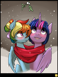 Size: 1800x2400 | Tagged: dead source, safe, artist:captainpudgemuffin, artist:glacierclear, artist:glacierclear edits, edit, rainbow dash, twilight sparkle, alicorn, pony, g4, alternate hairstyle, blushing, clothes, female, lesbian, looking up, mare, mistletoe, open mouth, scarf, shared clothing, shared scarf, ship:twidash, shipping, snow, twilight sparkle (alicorn)