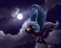 Size: 1650x1320 | Tagged: dead source, safe, artist:spacechickennerd, night glider, pegasus, pony, g4, clothes, cloud, cloudy, featured image, female, floppy ears, flying, frown, glare, goggles, lens flare, looking up, mare, mare in the moon, moon, night, shadowbolts, shadowbolts costume, sky, solo, spread wings