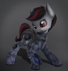 Size: 1860x1928 | Tagged: dead source, safe, artist:allyster-black, oc, oc only, oc:blackjack, cyborg, pony, unicorn, fallout equestria, fallout equestria: project horizons, amputee, blank flank, cybernetic legs, level 2 (project horizons), solo