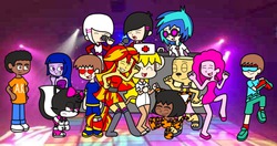 Size: 1600x842 | Tagged: safe, artist:animekid0839, dj pon-3, pinkie pie, sunset shimmer, twilight sparkle, vinyl scratch, oc, skunk, equestria girls, g4, biskit twins, brittany biskit, crossover, dance party, littlest pet shop, oc-kam-kam, whittany biskit