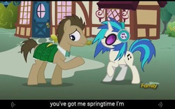 Size: 1019x635 | Tagged: safe, screencap, dj pon-3, doctor whooves, time turner, vinyl scratch, earth pony, pony, g4, slice of life (episode), male, meme, stallion, youtube caption