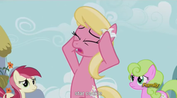 Size: 1279x711 | Tagged: safe, screencap, daisy, flower wishes, lily, lily valley, roseluck, earth pony, pony, g4, season 5, slice of life (episode), discovery family, discovery family logo, female, flower, flower trio, logo, mare, meme, ponyville, youtube caption