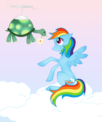 Size: 1710x2038 | Tagged: safe, artist:soapy-lee, rainbow dash, tank, g4, backwards cutie mark, cloud, cute, flower, flower in mouth, looking up, mouth hold, open mouth, sitting, smiling, spread wings