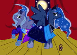 Size: 900x646 | Tagged: safe, artist:nazorthegreater, princess luna, g4, clothes, dress, duality, gala dress, s1 luna, self ponidox, spread wings, the fun has been doubled