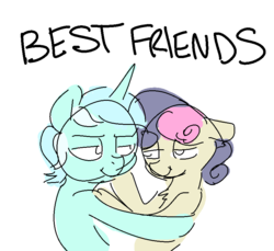 Size: 863x790 | Tagged: safe, artist:nobody, bon bon, lyra heartstrings, sweetie drops, g4, slice of life (episode), bedroom eyes, best friends, friends with benefits, hug, looking at each other