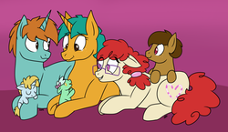 Size: 1024x593 | Tagged: safe, artist:quincydragon, snails, snips, twist, earth pony, pony, unicorn, g4, bisexual, crying, female, gay, glitter shell, magical gay spawn, male, mare, offspring, older, older snails, older snips, older twist, polyamory, polygamy, purple background, ship:snailstwist, ship:snaps, ship:snipstwist, shipping, simple background, stallion, straight, tears of joy, teary eyes, transgender