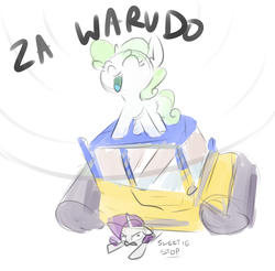 Size: 1280x1257 | Tagged: safe, artist:nobody, rarity, sweetie belle, g4, annoyed, eyes closed, floppy ears, frown, glare, jojo's bizarre adventure, open mouth, prone, road roller, road roller da, smiling, steam roller, tongue out, za warudo