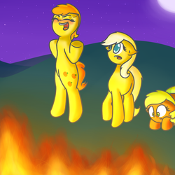 Size: 1000x1000 | Tagged: safe, artist:tastypony, peachy pie, sunny daze, pony, g4, bipedal, evil laugh, fire, older, scared