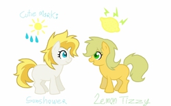 Size: 1280x800 | Tagged: safe, artist:unoriginai, oc, oc only, oc:lemon tizzy, oc:sunshower, magical lesbian spawn, offspring, parent:peachy pie, parent:sunny daze, simple background, twins, white background