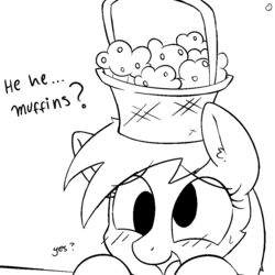 Size: 1000x1000 | Tagged: safe, artist:mrpotat0wned, derpy hooves, pegasus, pony, g4, slice of life (episode), basket, blushing, dialogue, female, mare, monochrome, muffin, open mouth, solo