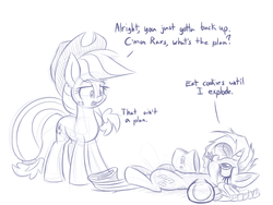 Size: 1000x750 | Tagged: safe, artist:heir-of-rick, applejack, rarity, earth pony, pony, unicorn, g4, comfort eating, cookie, duo, eating, imminent stuffing, marshmelodrama, monochrome, planning, sketch, underhoof