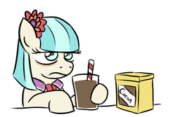 Size: 670x447 | Tagged: safe, artist:jargon scott, coco pommel, earth pony, pony, g4, bags under eyes, chocolate milk, female, pun, simple background, solo, visual pun