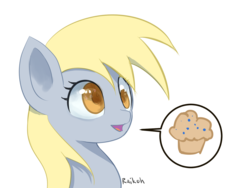 Size: 1600x1200 | Tagged: safe, artist:grissaecrim, derpy hooves, pegasus, pony, g4, slice of life (episode), female, mare, muffin, open mouth, solo, speech bubble, that pony sure does love muffins