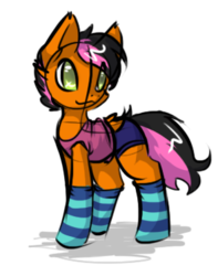 Size: 295x375 | Tagged: safe, artist:sfyr, oc, oc only, oc:jam sod, bat pony, pony, clothes, crossdressing, cute, femboy, male, shirt, shorts, socks, striped socks