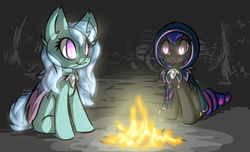 Size: 894x543 | Tagged: safe, artist:sapphfyr, oc, oc only, oc:river moon, oc:secret light, bat pony, pony, cloak, clothes, female, fire, lucian pony, night, outdoors