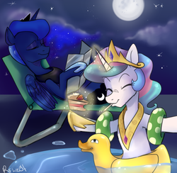 Size: 1024x999 | Tagged: safe, artist:rflzqt, princess celestia, princess luna, duck, g4, cake, floaty, inner tube, moon