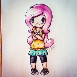 Size: 1374x1374 | Tagged: safe, artist:gummigator, fluttershy, human, g4, clothes, converse, female, humanized, skirt, solo, traditional art