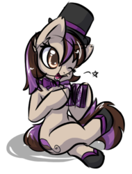 Size: 406x534 | Tagged: safe, artist:sapphfyr, oc, oc only, oc:bowtie, pony, bowtie, card, female, hat, open mouth, sitting, solo, top hat, wink